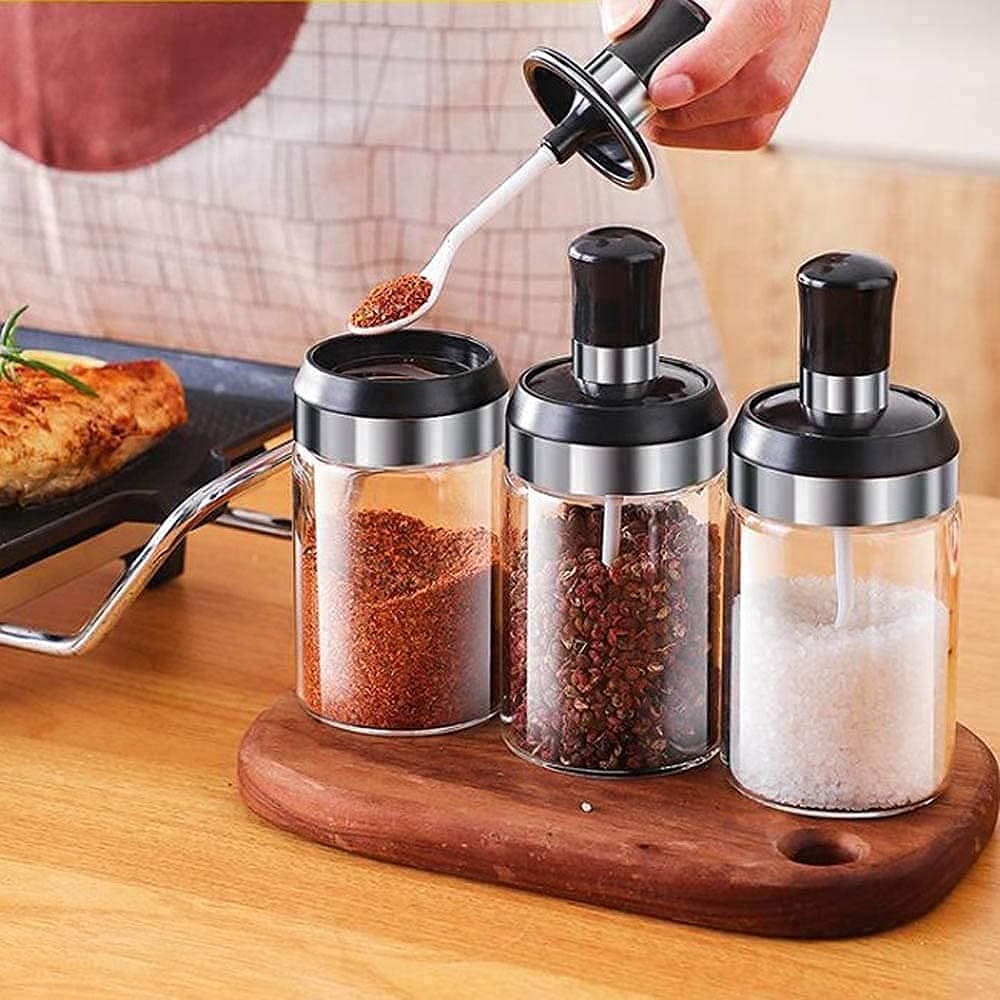 JNdabhi 250Ml Glass Seasoning Container for Condiment Jar Pickle Jar Spice Jar Salt n Sugar JarGlass Jar Bottles for Kitchen UseSeasoning Bottle Kitchen Product Spoon Bottle Set of 3