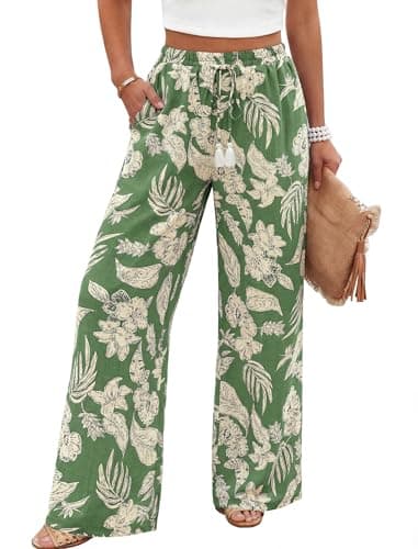 LOOKBOHO Wide Leg Pants for Women High Waisted Palazzo Pants Work Casual Flowy Tie Knot Trousers with Pockets Green Floral M