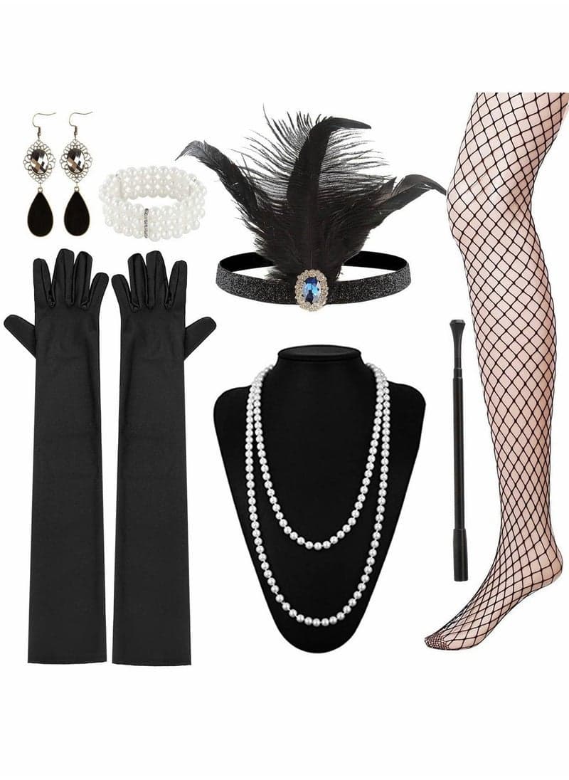 Party Dress Up Set, 1920s Flapper Accessories Set for Women, Fancy Dress Party Accessories with Flapper Headband Long Gloves Pearl Necklace, Theme Party Accessories
