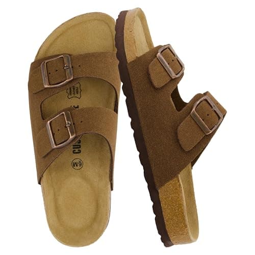 CUSHIONAIRE Lane Cork Footbed Sandals for Women – Comfortable Double Buckle Slip-On with Genuine Suede Footbed & Arch Support Slides for Women Footwear, BROWN 8.5