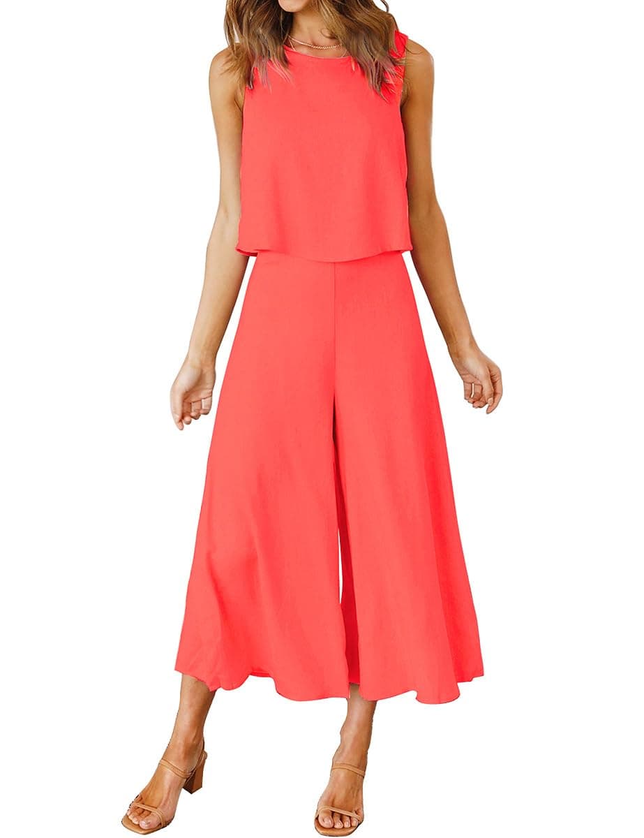 ROYLAMP Women's Summer 2 Piece Outfits Round Neck Crop Basic Top Cropped Wide Leg Pants Set Jumpsuits Bright Orange L