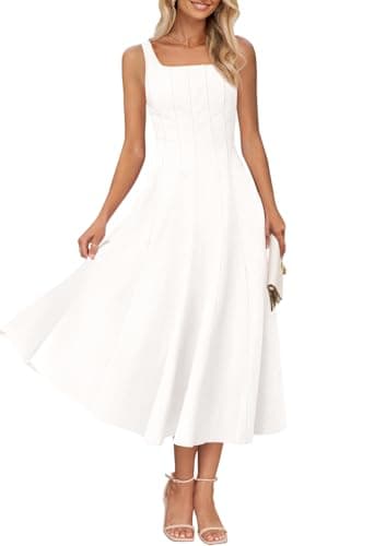 MEROKEETY Women's 2025 Summer Sleeveless Midi Dress Square Neck Smocked Flowy A Line Beach Dresses, Ivory, X-Large