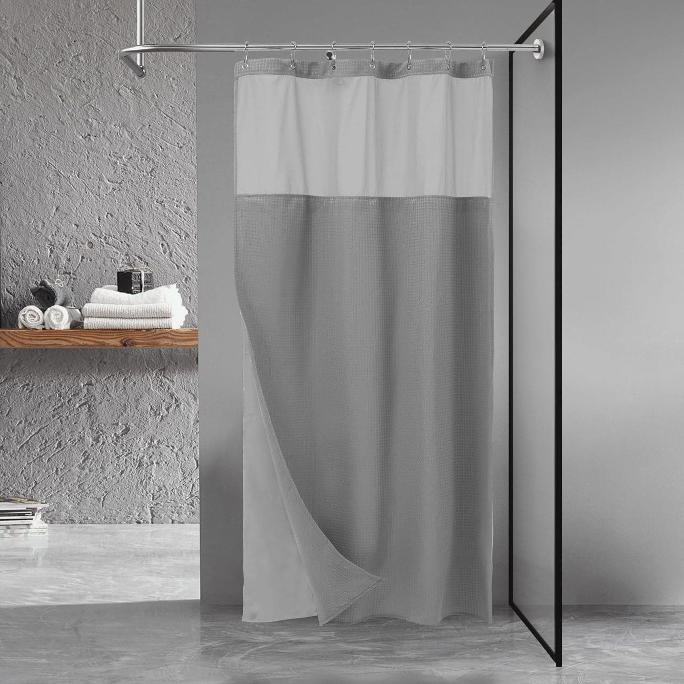 NY HOME Stall Waffle Shower Curtain with Snapin Fabric Liner Hooks Set 36 x 72 Small Shower Stall Size Hotel Style Mesh Top Window Machine Washable 36x72 Gray