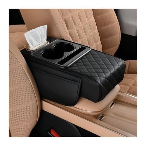 Zpana Car Center Console Armrest Pillow, Memory Foam Leather 4 in 1 Vehicle Arm Rest Cover with Tissue Box 2 Side Storage Bag Cup & Phone Holder, Auto Armrest Cushion, Universal Fit (Black)