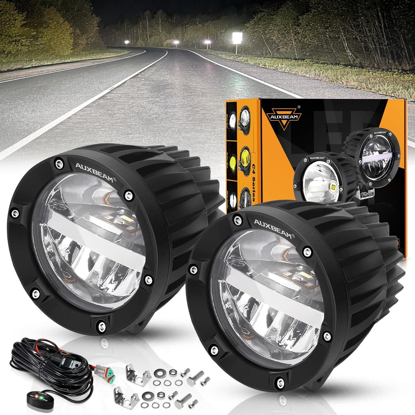 Auxbeam 100W Round LED Light Pods 4 Inch with HiLoCombo Beam Road Round Lights Waterproof LED Offroad Light Pod for Truck 4WD SUV ATV UTV Pack of 2