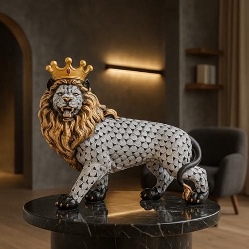 Xtore Regal Lion with Crown Figurine | Resin Home Decor Accent | Unique Art Piece for Living Room, Office, or Shelf | Symbol of Strength and Royalty | Luxurious Animal Décor