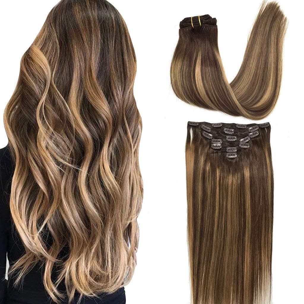 GOO GOO Clip in Hair Extensions Real Human Hair Remy Human Hair Extensions Clip ins for Women Natural Human Hair 26inch 135g 7Pcs 4274 Balayage Chocolate Brown to Caramel Blonde