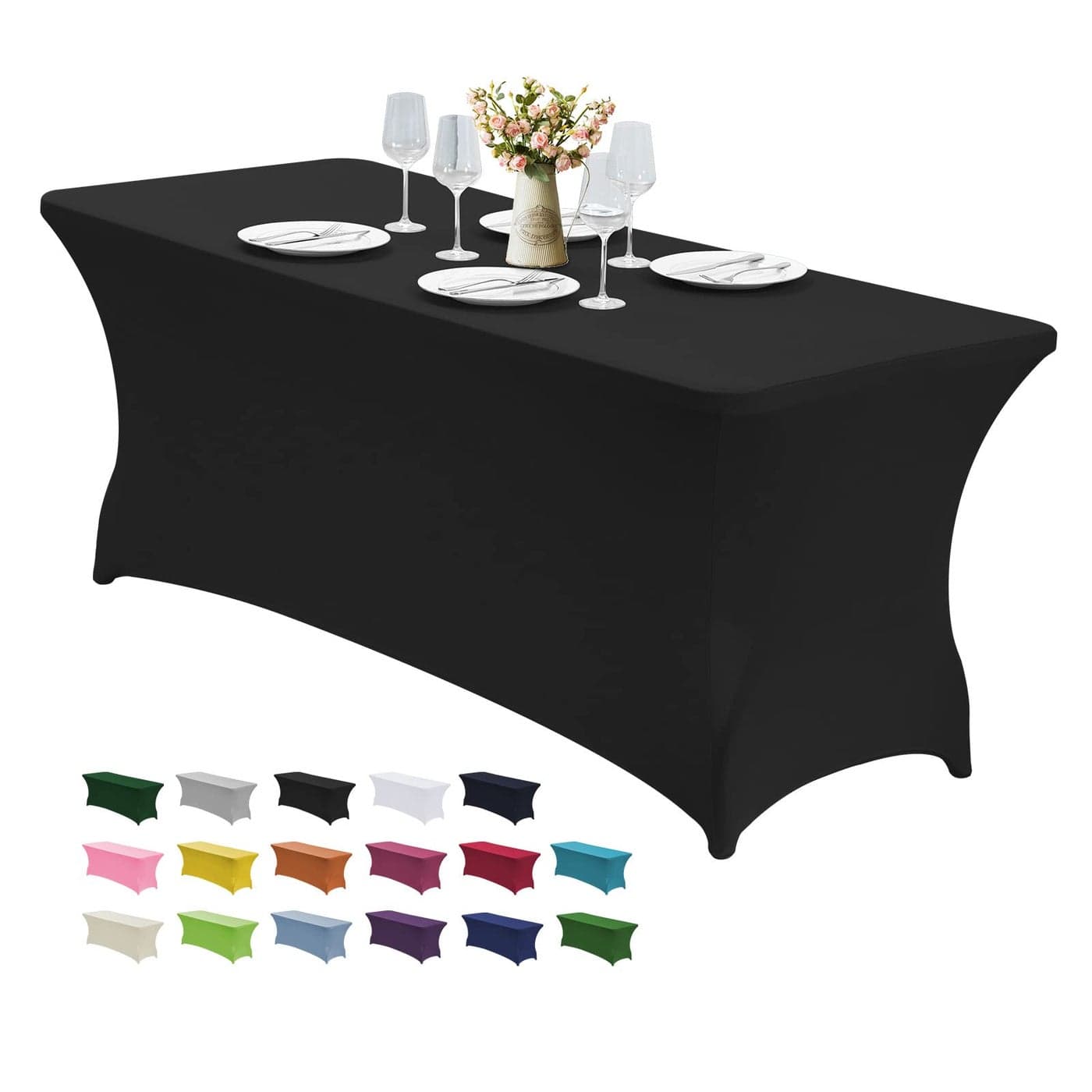 CWK 4FT Waterproof Stretch Spandex Table Cover for Rectangular Tables Elastic Fitted Tablecloth for Folding TablesWrinkle Resistant Table Cloth for Parties Weddings Banquets Events Black