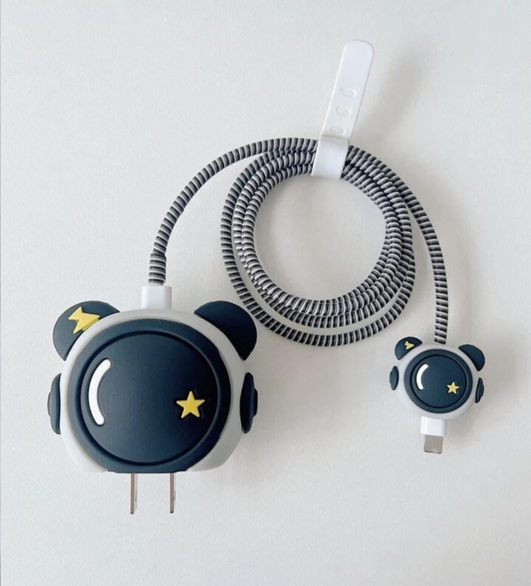 BH BEST HUB Cable Protector with 3D Cute Pattern for iPhone Charger only 18W & 20W, Data Line Wire Saver Charging Cable Charger Protective Cable,Full Protection Cover 4 in 1 (Black-Soft-Astro)