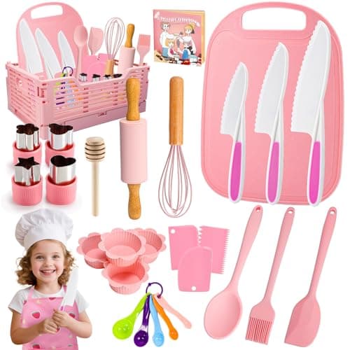 Kids Baking Cooking Set Real Toddler Kid Apron Kids Knife Set for Real Cooking BasketFoodGrade MaterialMontessori Toddler Kitchen Tools Christmas Birthday Gift for 310 Year Old Girls Boys