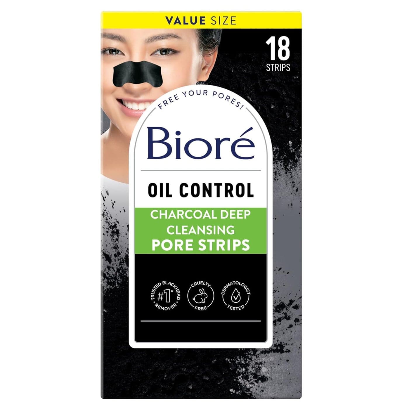 Bior Charcoal Deep Cleansing 18 Nose Strips for Blackhead Removal on Oily Skin with Instant Pore Unclogging features Natural Charcoal Packaging May Vary