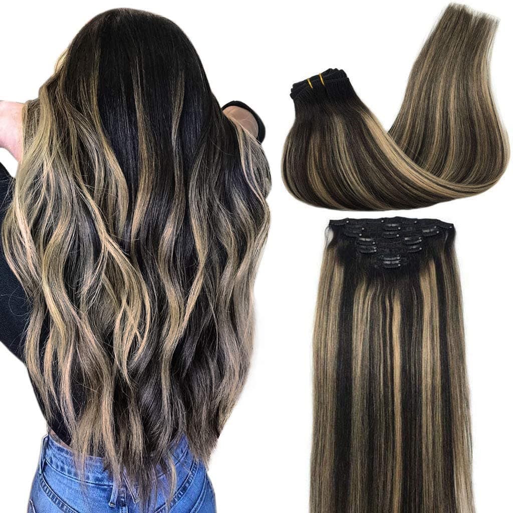 GOO GOO Clip in Hair Extensions Real Human Hair Remy Human Hair Extensions Clip ins for Women Natural Human Hair 18inch 120g 7Pcs 1B161B Balayage Natural Black to Light Blonde