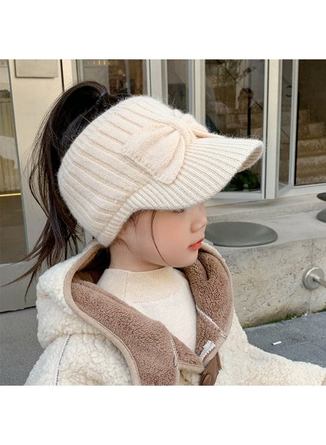 Kids Knitted Visor Beanie with Bow One Size for 3 to 10 Years Ponytail-Friendly Knit Duckbill Cap Warm and Stylish Winter Hat for Girls