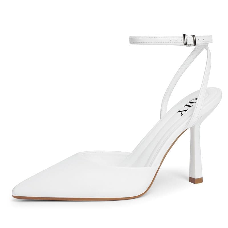 QIY White Heels Closed Toe Pointy Pointed Toe Heels for Women White Pumps Formal Dress Wedding Bridal Shoes High Heel Slingback Kitten Stiletto Ankle Strap Heel Size 7