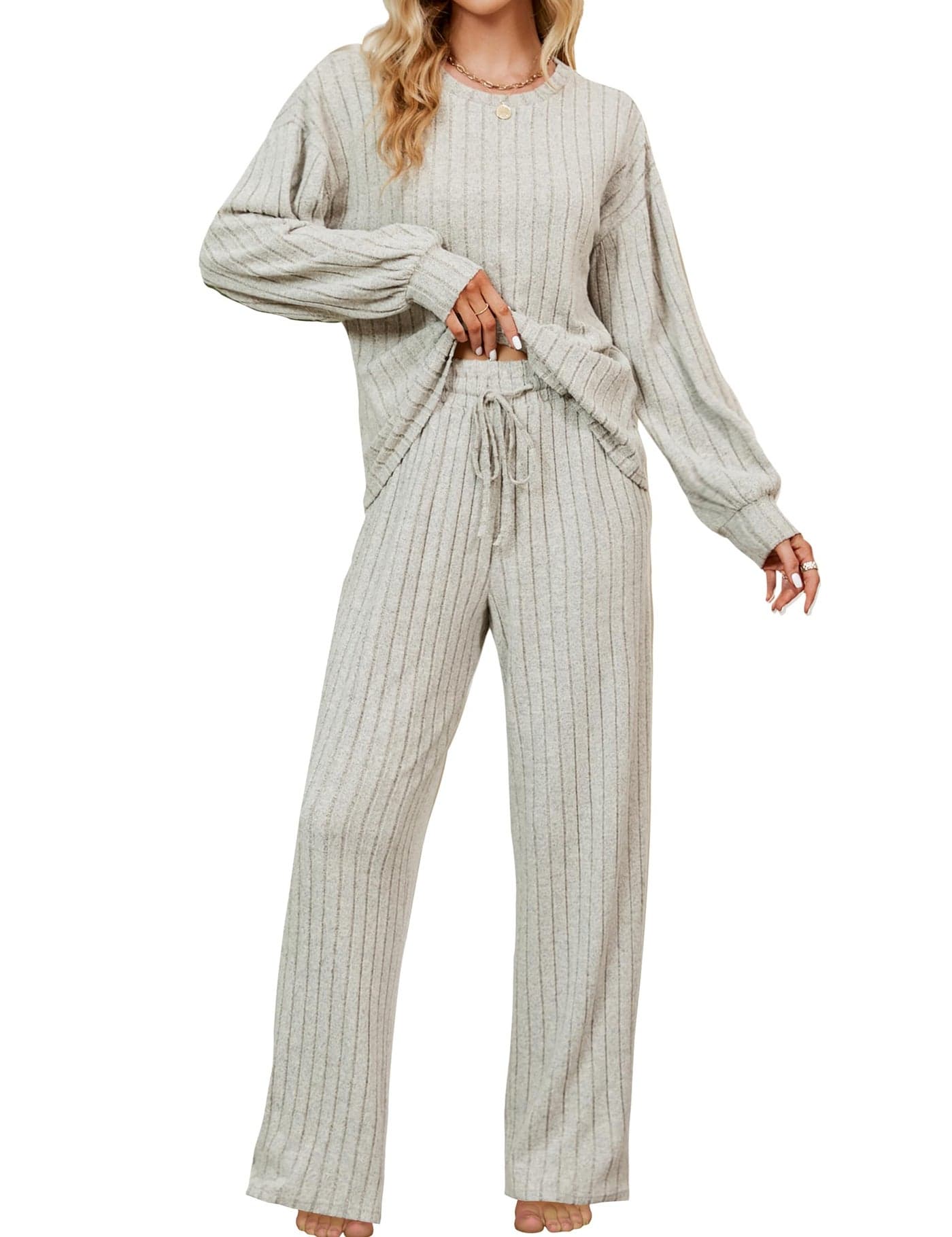 Blooming Jelly Womens Lounge Set Cute Long Sleeve Pajama Sets Casual 2 Piece Pj Outfit Fall Sleepwear Pockets(XL,Apricot)