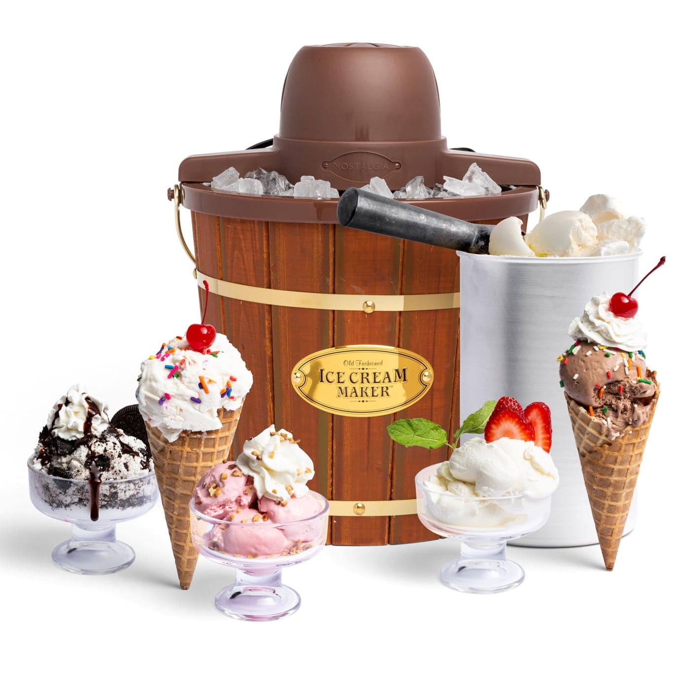 Nostalgia Electric Ice Cream Maker Old Fashioned Soft Serve Ice Cream Machine Makes Frozen Yogurt or Gelato in Minutes Fun Kitchen Appliance Vintage Wooden Style Dark Wood 4 Quart