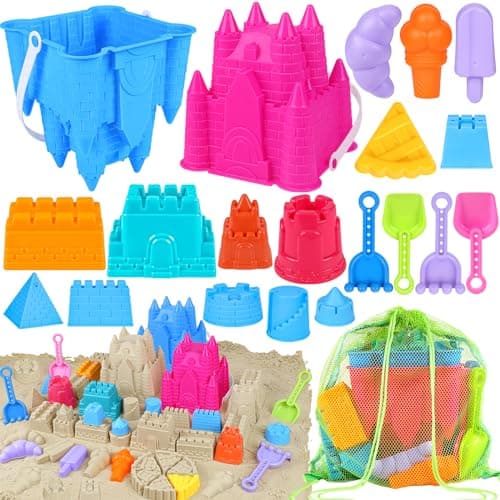 FUSPWEAO Beach Toys Sand Toys for Kids Sand Castle Toys for Beach with 2 Castle Bucket and Mesh Bag Sand Molds Shovels and Rakes Sandbox Toys for Toddlers Travel Beach Toys for Kids 310