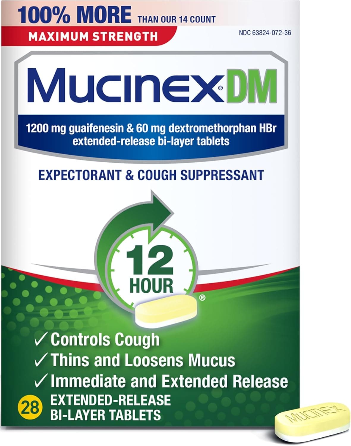 Mucinex DM 12Hr Maximum Strength Chest Congestion & Cough Medicine For Adults, Cold And Cough Medicine for Excess Mucus Relief, 1200 mg Guaifenesin & 60 mg Dextromethorphan HBr, 28 Bi-Layer Tablets