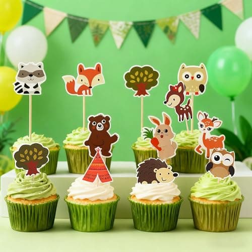 60PCS Woodland Creatures Theme Cupcake Toppers Picks Forest Jungle Animals Cake Decorations for Safari Theme Birthday