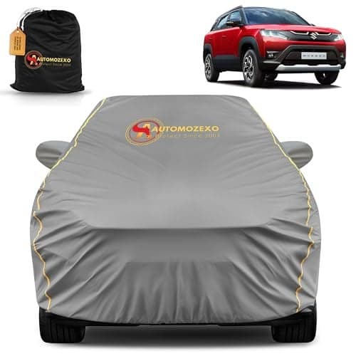 AUTOMOZEXO Maruti Brezza 100% Waterproof Car Cover for All Weather Protection with Mirror Pocket Inner Cotton Layer Triple Stitched Cover with Adjustable Belt Bottom Elastic to Secure Fit -Grey