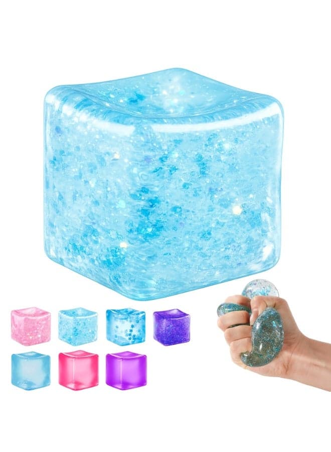 Ice Cube Squishy Fidget Toy, Slow Rise Squeeze Sensory Toy Stress Ball for Office Desk Anxiety Relief, Focus & Calm Novelty Gift for Teens - Blue Glitter