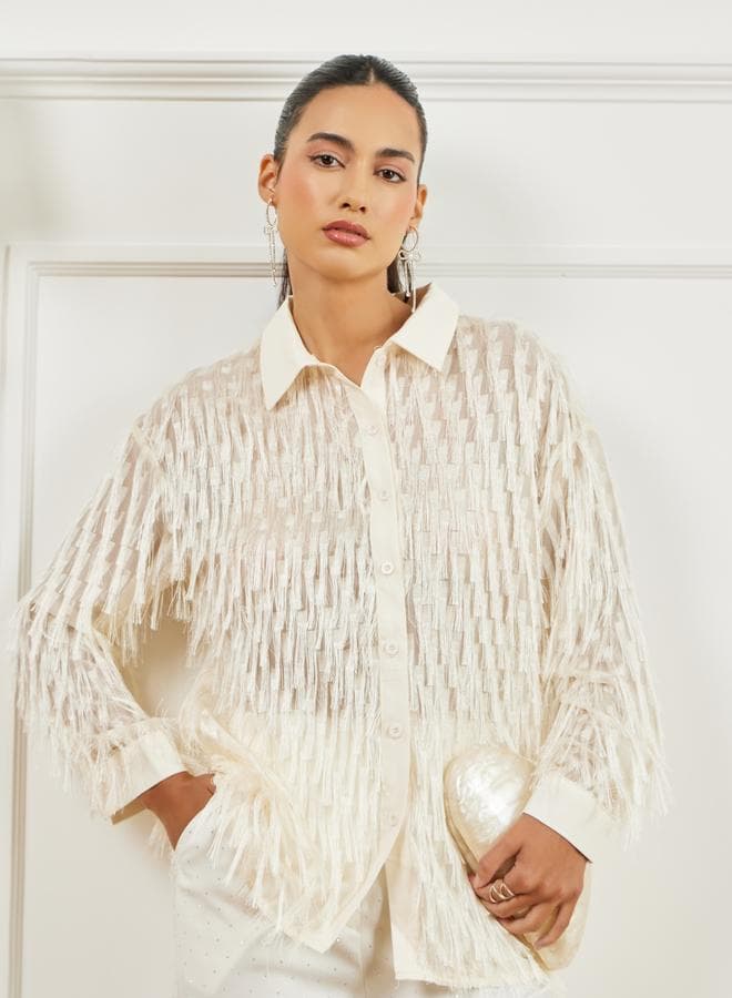 Cream Fringe Detail Long Sleeve Shirt
