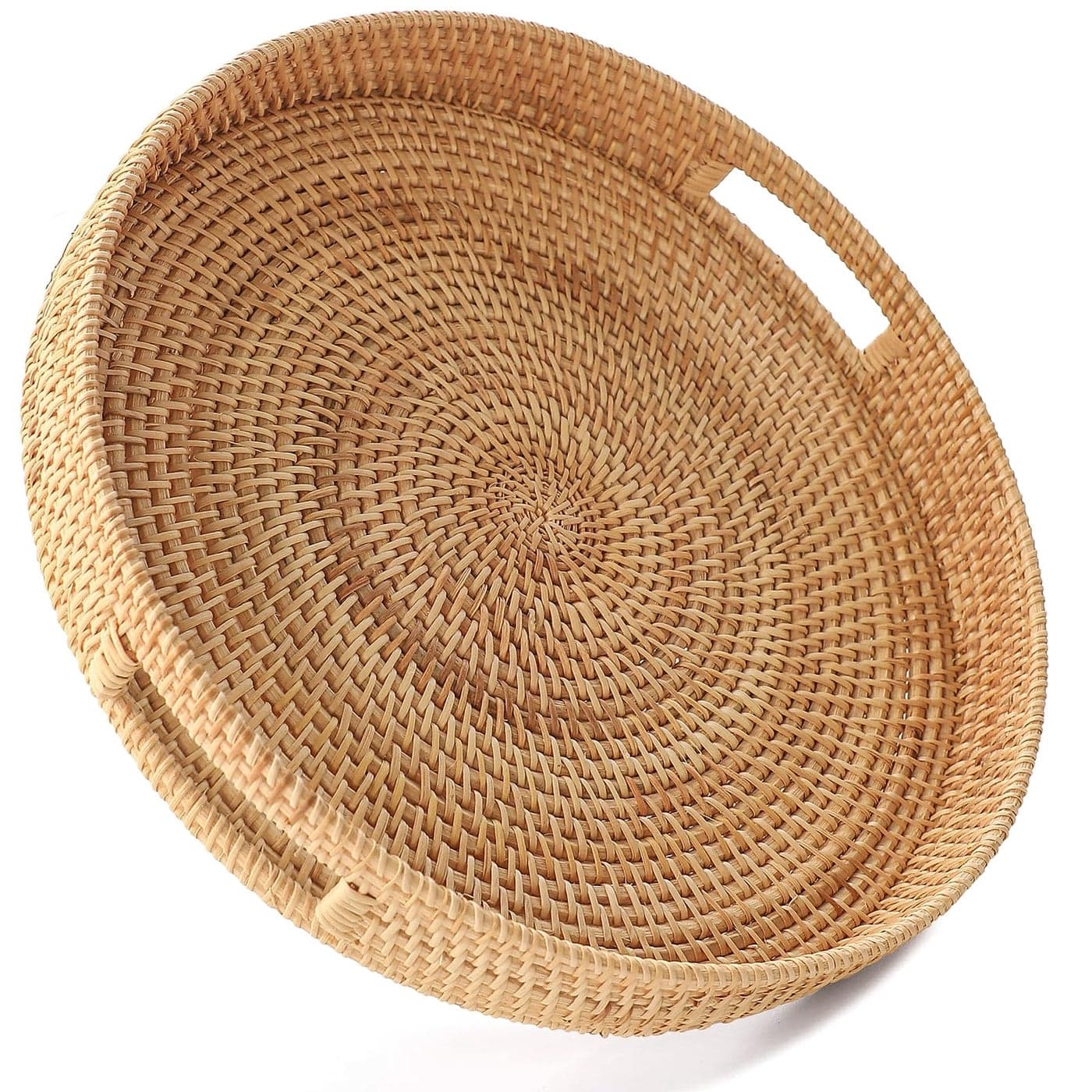 HITOMEN 118 HandWoven Round Rattan Serving Tray Decorative Wicker Trays with Handles for Coffee Table NaturalM