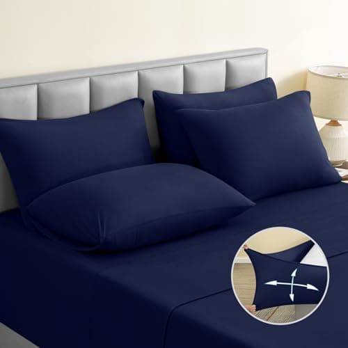 BYSURE Jersey Knit King Size Sheets Set 6 Pieces Stretch Super Soft and WrinkleFree Bed Sheets Spandex Blend with 18inch Deep Pocket Navy Blue