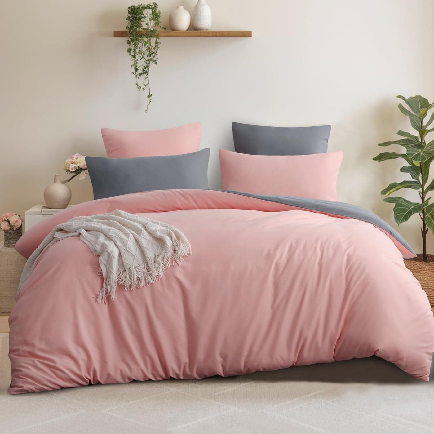 Aisbo King Size Duvet Cover Set 3Pcs Reversible Bedding Bed Set Peach Pink and Grey Kingsize Soft Brushed Microfiber Quilt Cover with 2 Pillowcases 50x75cm