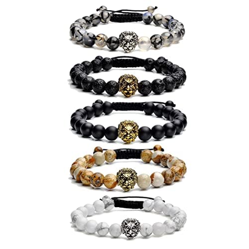 Jovivi 5 Pcs 8mm Handmade Natural Stone Bead Bracelets for Men Women Adjustable Lava Rock/Matte Agate/Picture/Dragonstone Lion Head Gemstone Beaded Bracelet Set Essential Oil Anxiety Jewelry