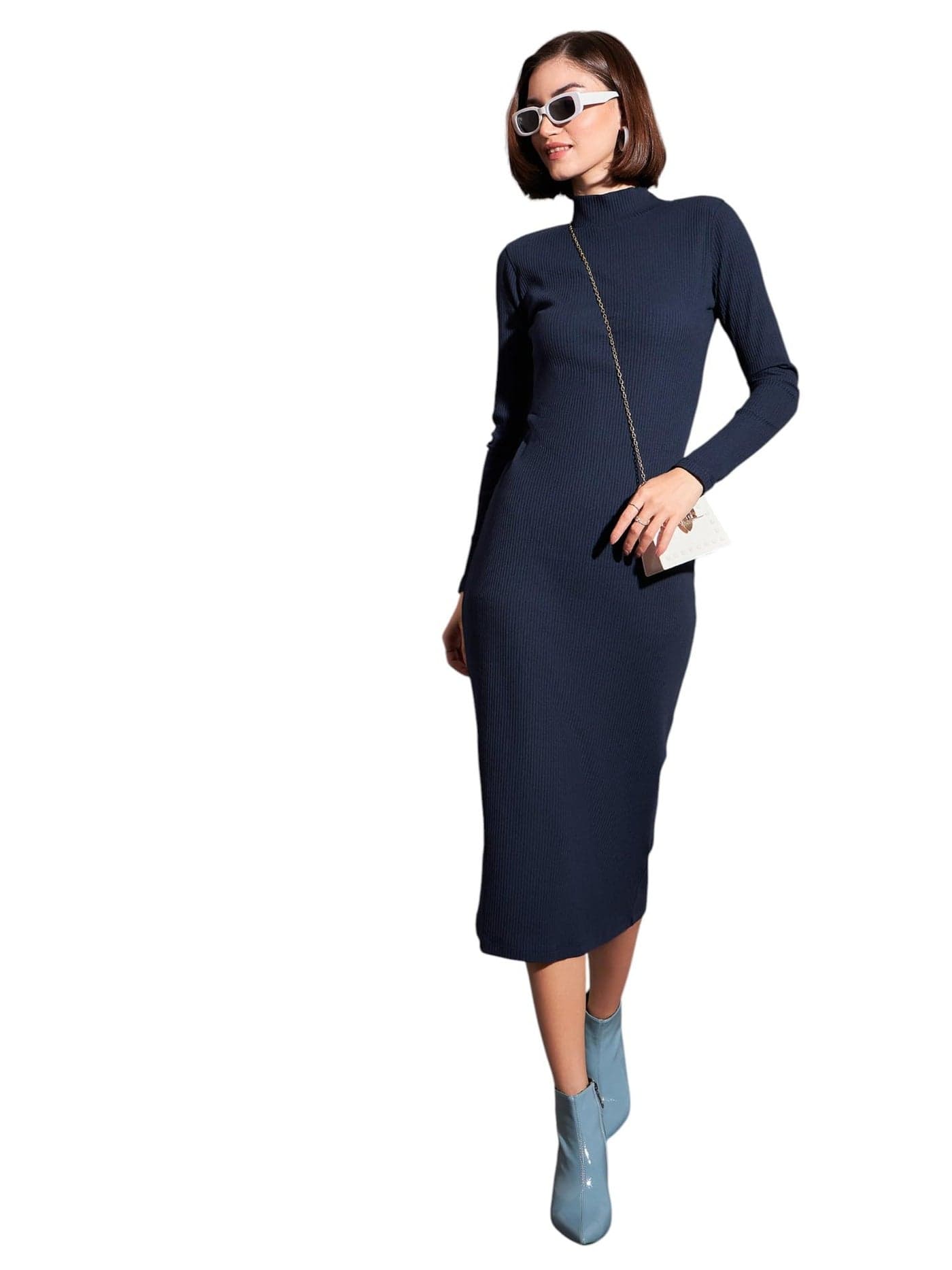 Rib High Neck Maxi Dress Navy