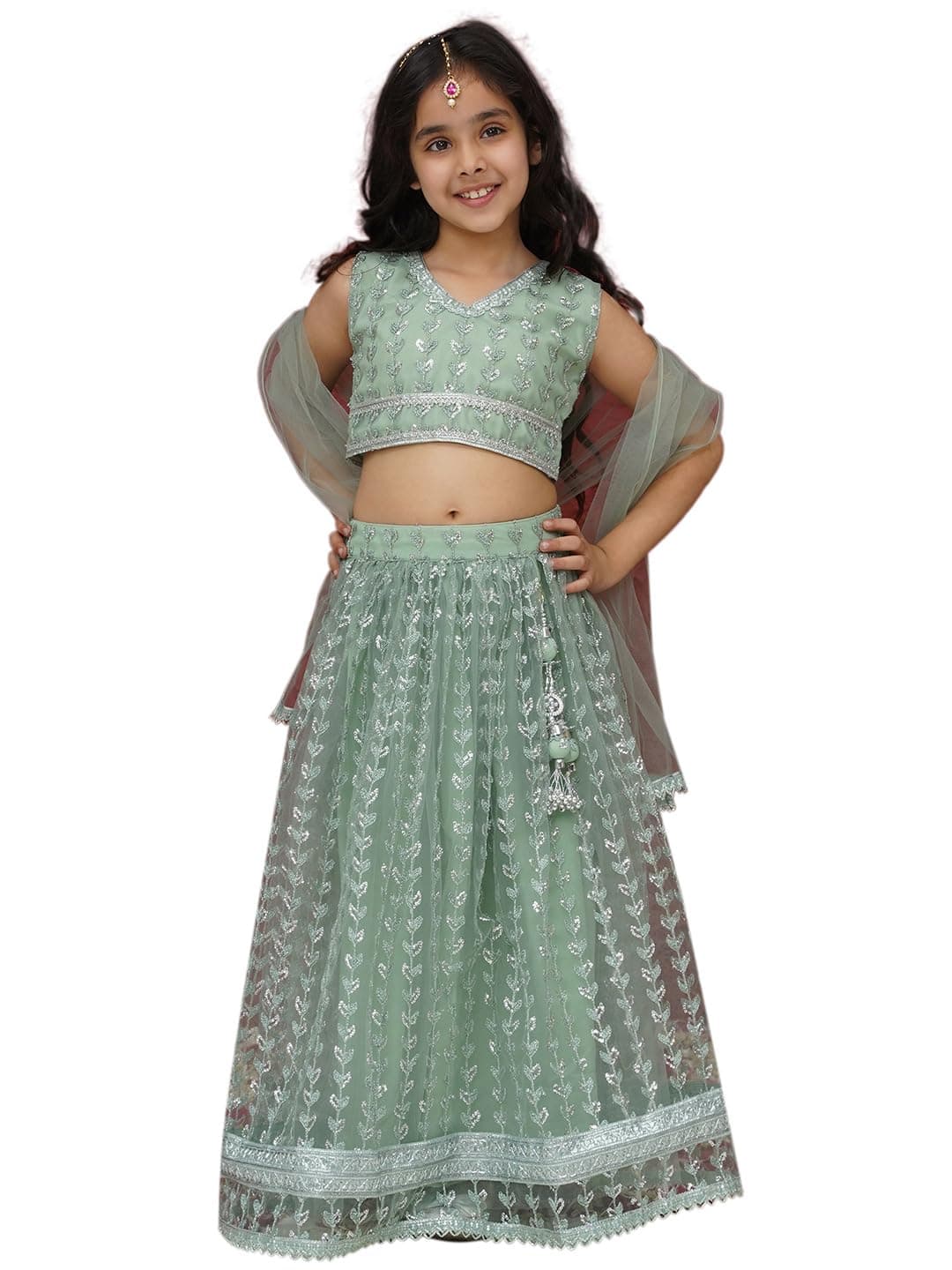 AJ DEZINES Kids Cotton Blend Embroidered Sleeveless Lehenga Choli for Girls | Kids Ethnic Wear | Stylish Lehenga Choli with Dupatta | Party & Festival Wear | Traditional Outfit for Girls | GREEN-29