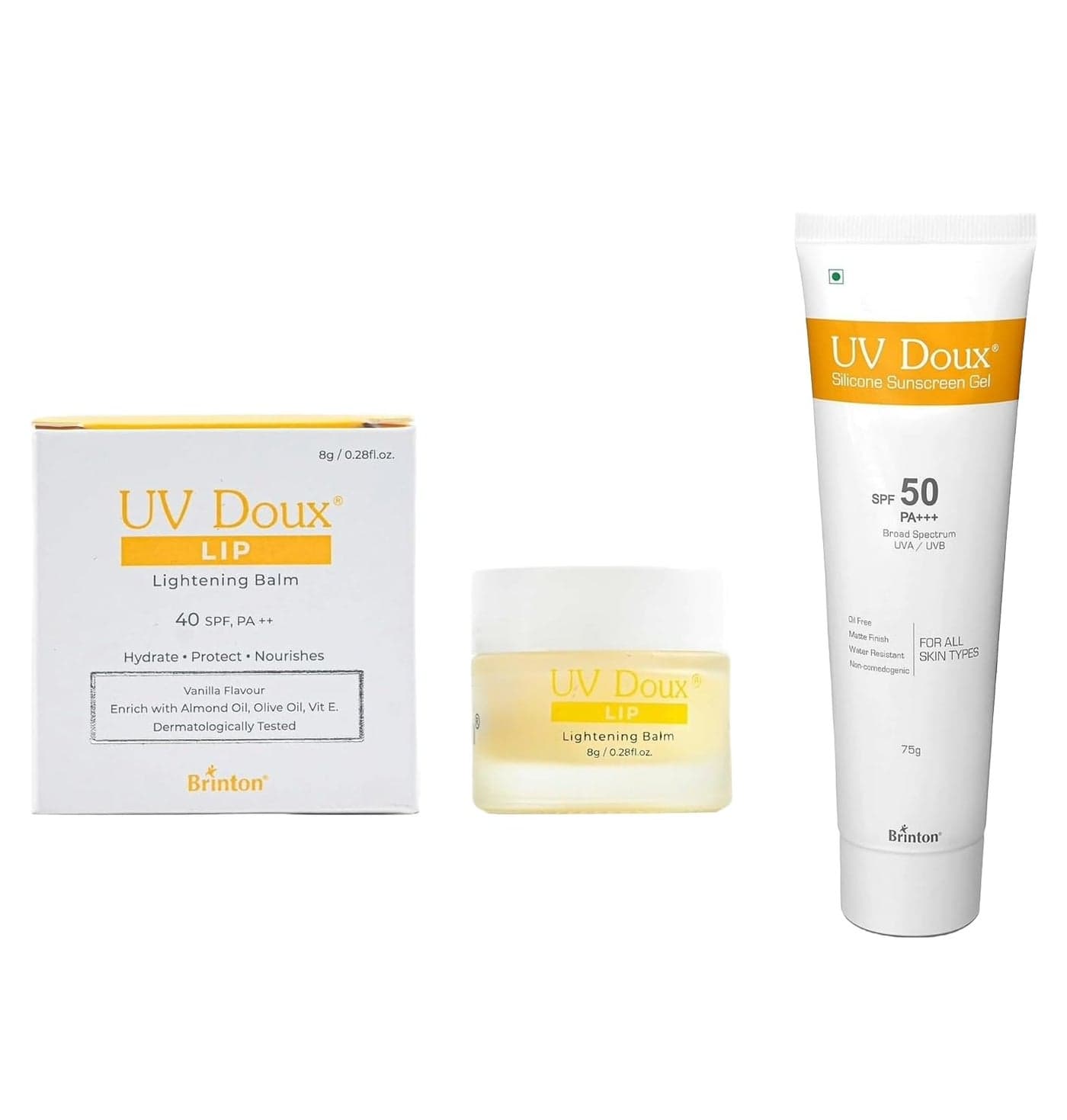 Brinton LIP Balm 8gm and Brinton Healthcare UvDoux Face Body Sunscreen gel with SPF 50 PA in Matte Finish and Oil Free Formula Water Resistant Sunscreen Protection against UVAUVB Rays 75 GM