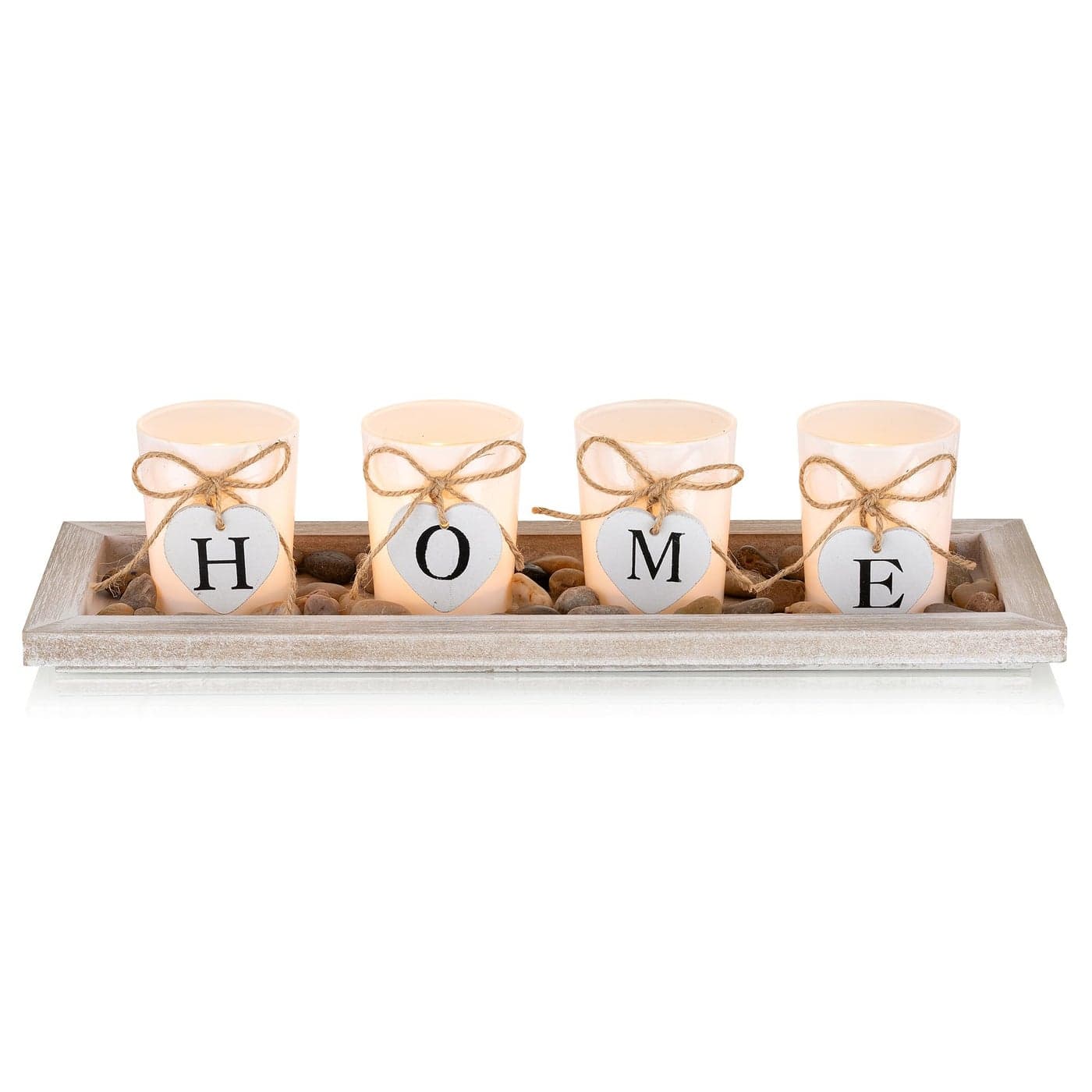 Romadedi Farmhouse Centerpiece Candle Holder Decor Rustic Wooden Tray with 4 Glass Tealight Candles Holders for Coffee Table Home Decorations Living Room Fireplace Kitchen Housewarming Gifts
