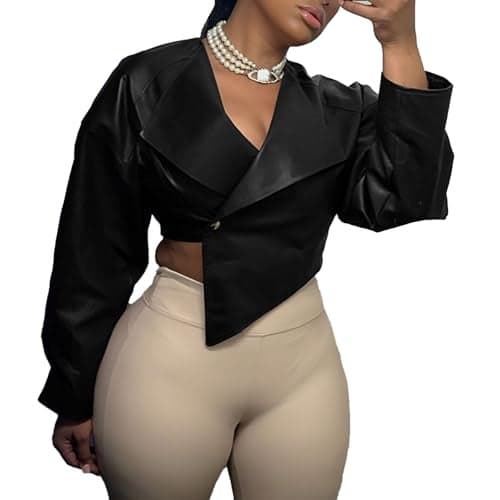 Molilove Crop Leather Jacket Women Faux Leather Long Sleeve Lapel Neck Button Down PU Coats Fall Going Out Jackets