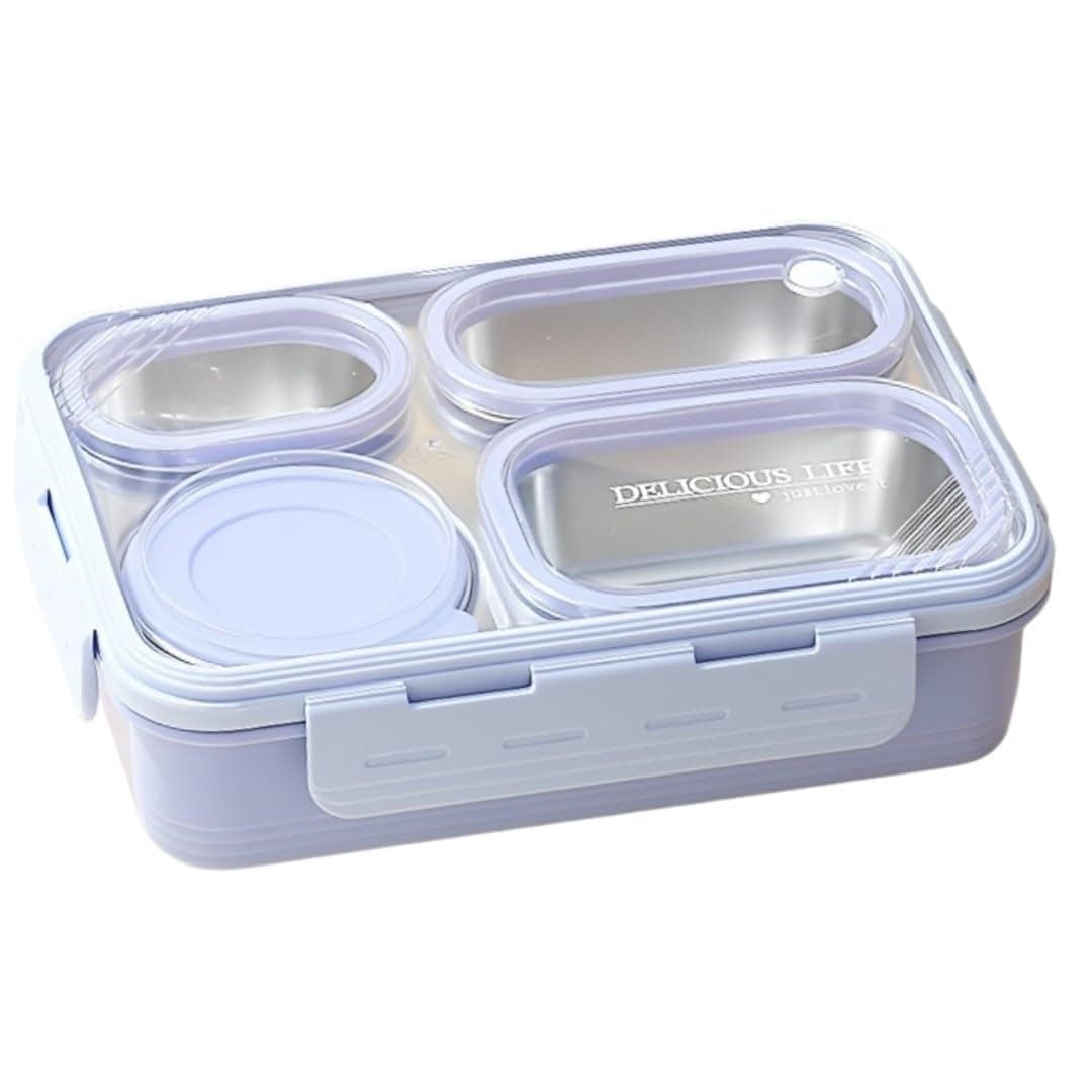 ATTRO Relish 4 Lunch Box Comes with 4 Inner Steel Compartments 1 Small Bowl with lid 1 Spoon Chopstick AirTight Leakproof 800ml 150ml Lavender