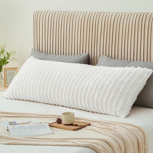 BEDELITE Body Pillow Cover with Zipper Closure, Decorative Boho Fleece Pillowcase 20 x 54 Inches, Luxury Fluffy Plush Long Body Pillow Pillowcase for All Seasons(Bright White-Boho)