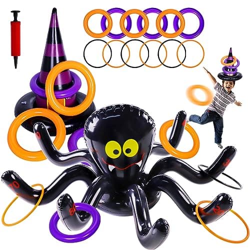 Max Fun Halloween Ring Toss Games Inflatable Spiders Ring Toss Witch’s Hat Toss Game for Kids Halloween Party Favors Supplies Indoors Outdoors Party Games