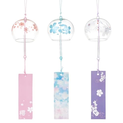 BENECREAT 3 Styles Japanese Wind Chimes, Purple, Pink, Blue Cherry Wind Bells Handmade Glass Pendants for Wedding Festival Gift, Garden Window Outdoor or Indoor Home Decor