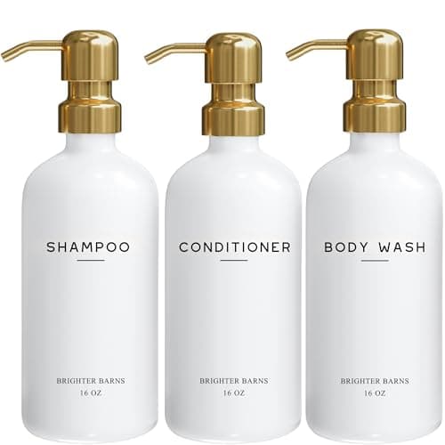 Luxury Shampoo and Conditioner Dispenser Set by Brighter Barns - Shower Soap Dispenser - Shampoo Conditioner Body Wash Dispenser & Pump - White and Gold Bathroom Accessories in Spa, Hotel, Gift (Gold)
