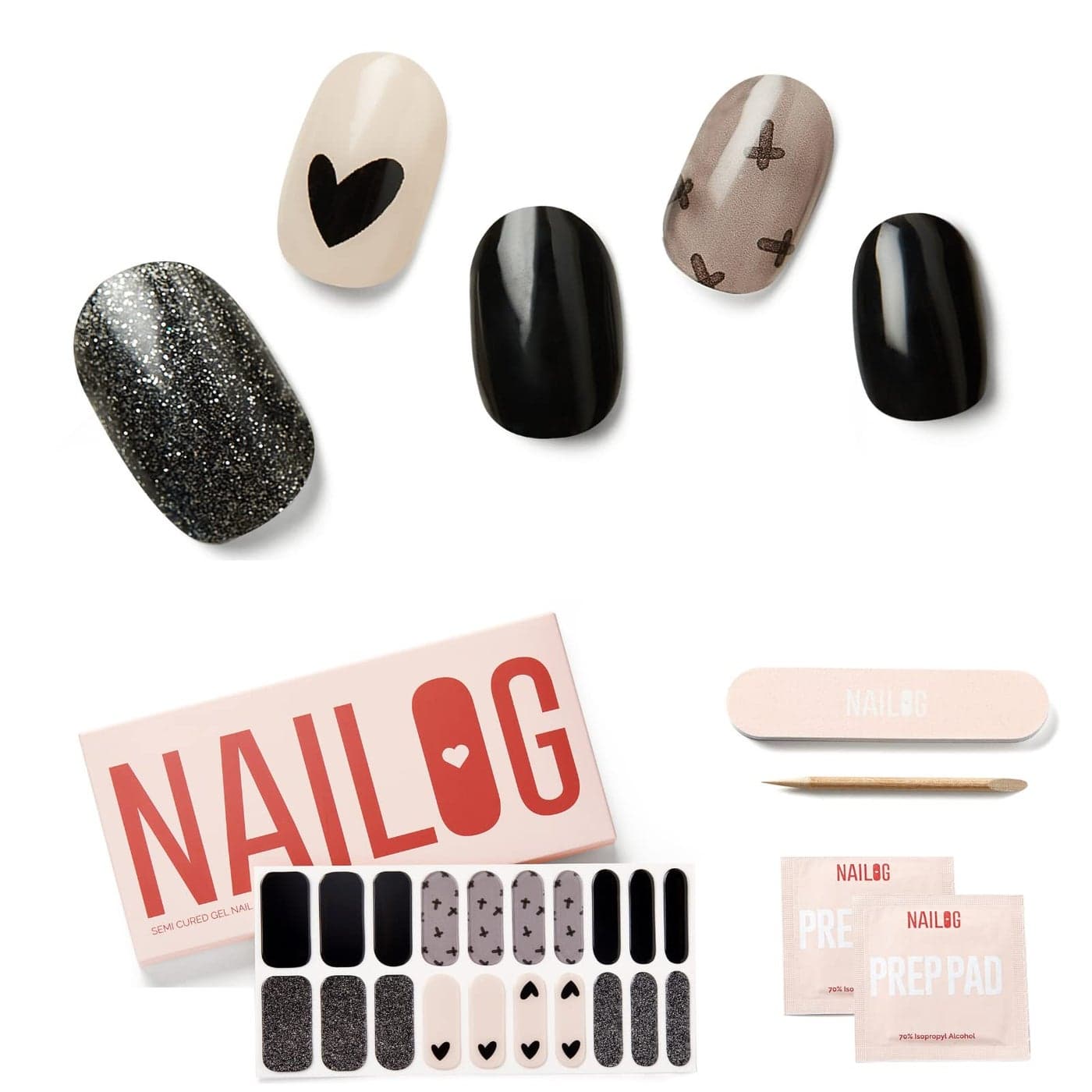 NAILOG Semi Cured Nail Strips for Halloween 20 Extra Long Gel Nail Strips Glossy Long Lasting Nail Polish Stickers Nail Wraps with Soft Gel Finishing Black Little Heart