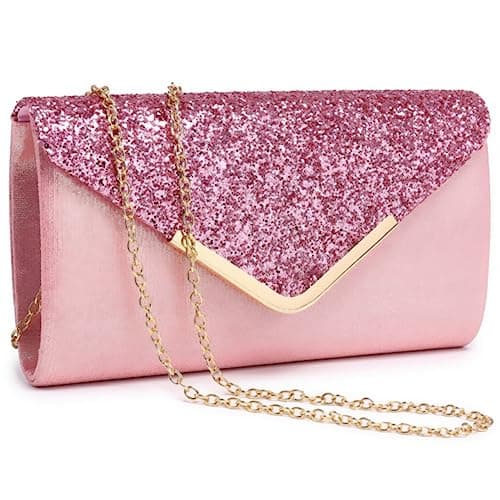 Dasein Women Evening Bags Formal Clutch Purses for Wedding Party Prom Handbags with Shoulder Strap and Glitter Flap (Pink)