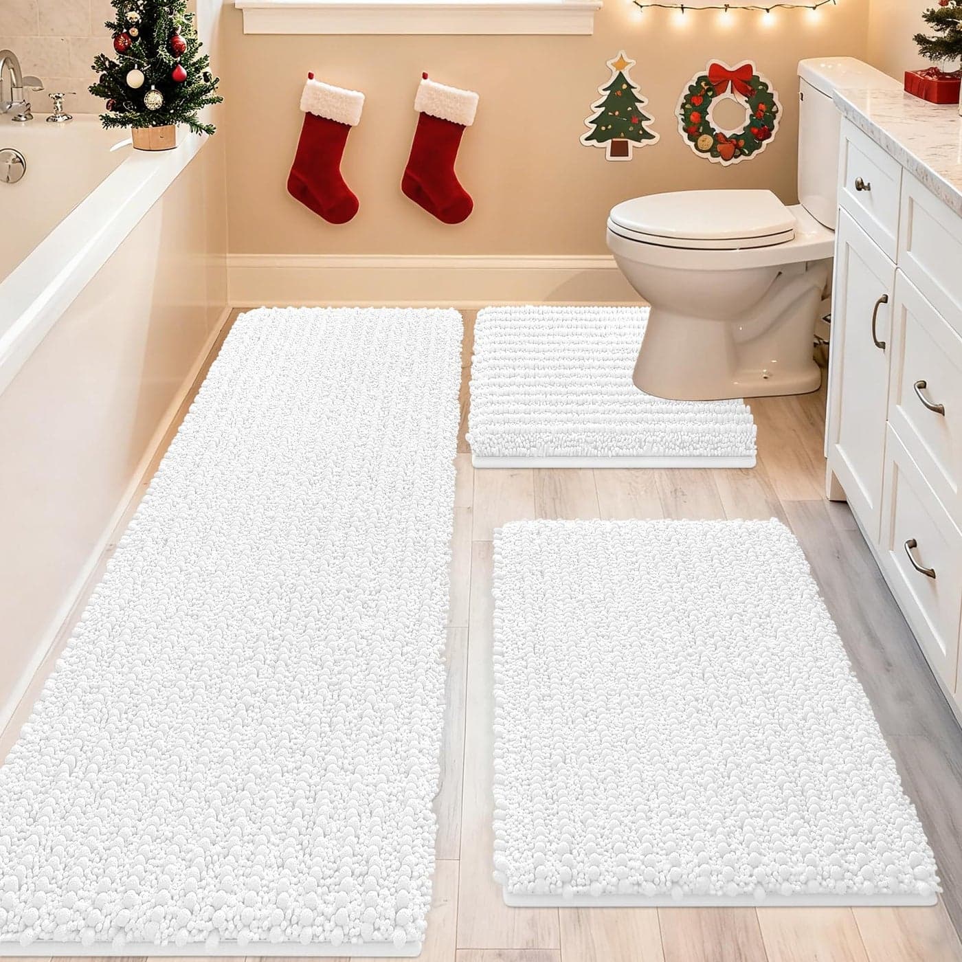 ACCUMTEK Upgrade Extra Large White Bathroom Rug Set 3 Pieces Ultra Soft Thick Absorbent Bath Mats Non Slip Chenille Toilet Mat for Bathroom Bedroom Kitchen