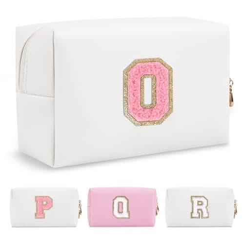 Personalized Makeup Bag Initial A-Z Preppy Patch Bag,Small PU Leather Travel Cosmetic Bag Pouch with Zipper,White Cute Toiletry Bag,Gift Ideal for Teen Girls Women Birthday Friend Mom,Letter O