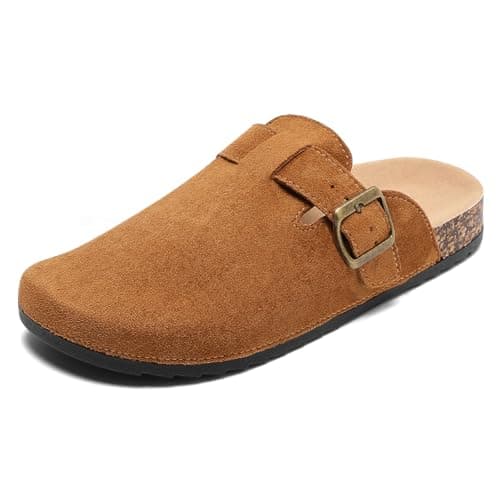 DDXYYDS Suede Clogs Men & Women Unisex Leather Mules Soft Cork Footbed Adjustable Buckle Slip Sandals Potato Shoes with Arch Support Brown