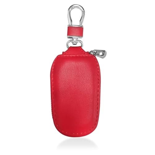 Wogomz Car Key Case, Genuine Leather Auto Key Fob Protector, Universal Key Fob Cover Case with Metal Hook, Car Smart Keychain Holder for Remote Key Fob, Vehicle Keyring Zipper Bag (Red)