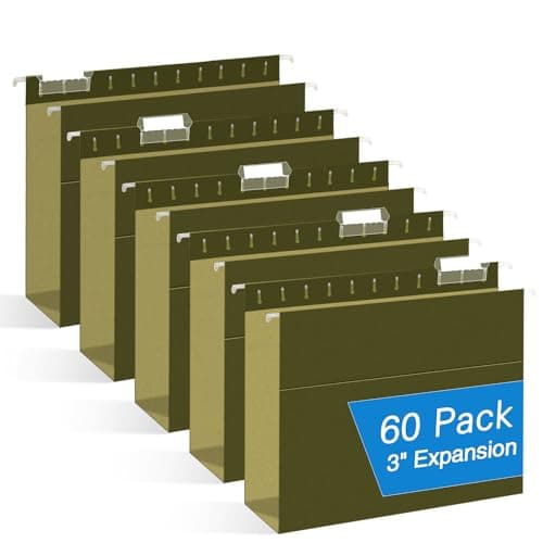 Extra Capacity Hanging File Folders, RAZCC 60 Pack Letter Size Reinforced Hanging Folders with Heavy Duty 3 Inch Expansion for Bulky Files, Filing Cabinet, Adjustable Tabs, Green