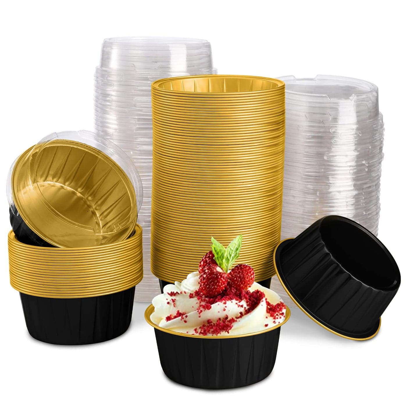 DEAYOU 100 Pieces Baking Cups with Lids 3 Cupcake Tin Pan Holder for Pudding Souffle Party Wedding Black Gold Color