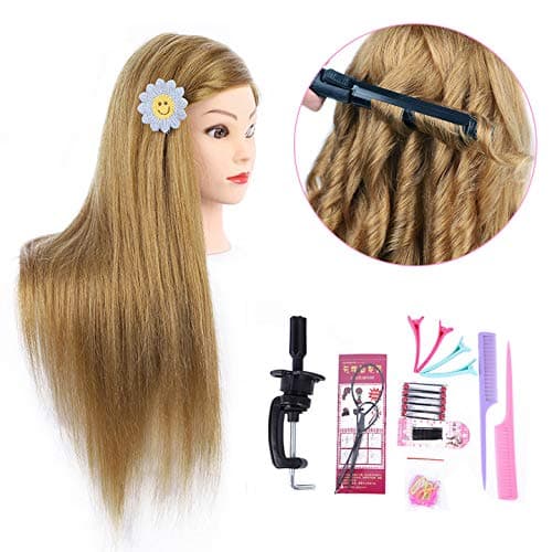 MEDO 26 Inch Makeup Mannequin Head Long Straight Hair Dresser Practice Long Training Head Brown Synthetic Hair with 50 Real Hair Braiding Manikin Head Doll Cosmetology Head And ClampMakeup on 27