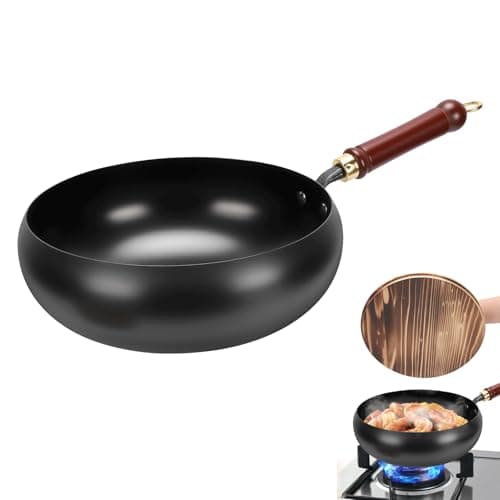 Gugxiom Suntuup Japanese Iron Pan, 28cm Cast Iron Wok, with Spatula, 2 Covers to Choose From, for Pots On Electric Stoves/Induction Cookers/Gas Stoves (Wooden lid)